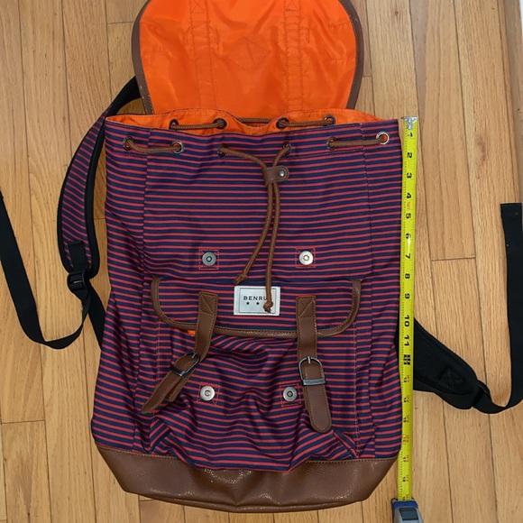 BENRUS Scout Backpack Large Red Blue Striped Leather Straps School Travel 19" - Picture 7 of 12